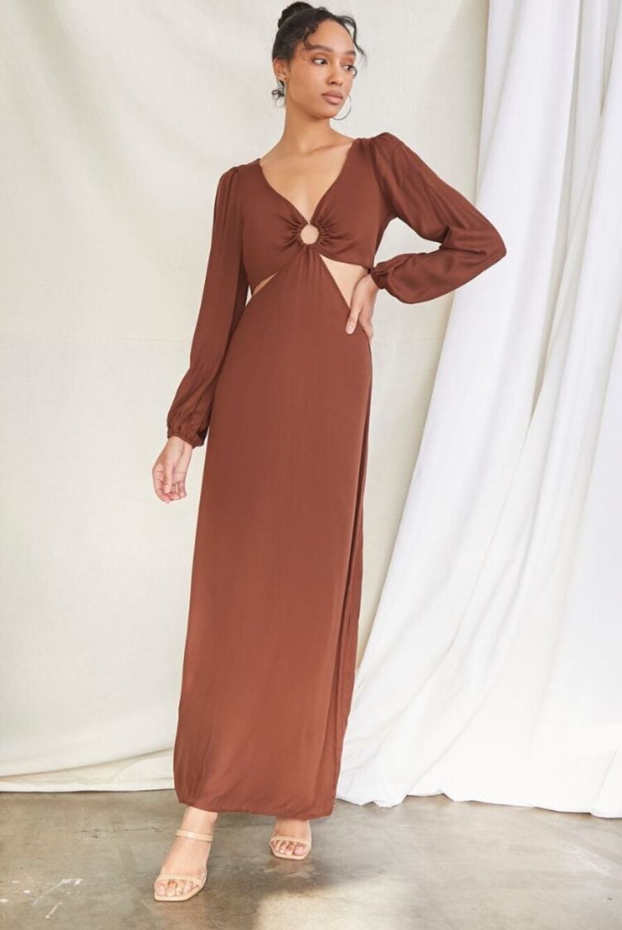 Forever 21 Dark Brown Long Sleeve Cutout O-Ring Maxi Dress Womens Size Large